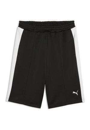 Zwarte sportshort met witte zijpanelen, elastische tailleband en klein wit Puma-logo op het onderste deel van het linkerbeen.