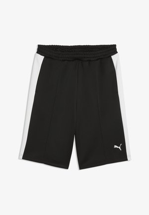 Zwarte sportshort met witte zijpanelen, elastische tailleband en klein wit Puma-logo op het onderste deel van het linkerbeen.