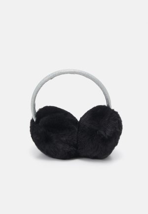 Bandeau en fourrure synthétique noire avec un serre-tête en argent brillant. Coussinets d'oreilles ronds, texture douce et design confortable pour chaleur et confort.