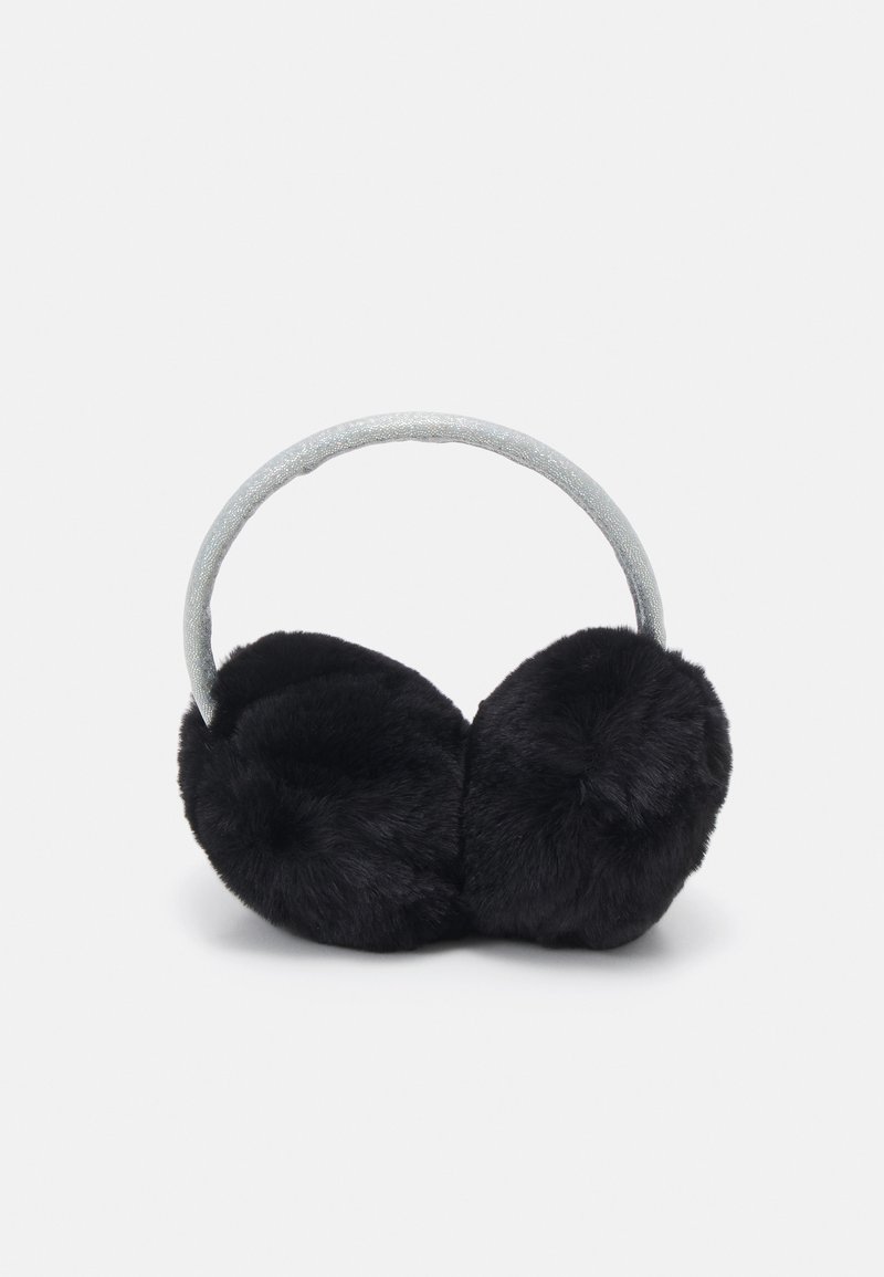 Earmuffs de pêlo sintético preto com uma faixa brilhante prata. Almofadas redondas, textura suave e design aconchegante para calor e conforto.