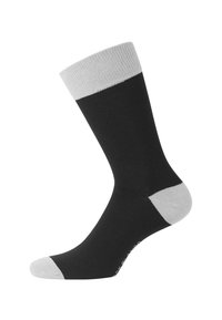 Chaussette noire avec une partie côtelée gris et des accents gris au talon et à l'orteil. Fabriquée en tissu doux, conçue pour le confort et la durabilité.
