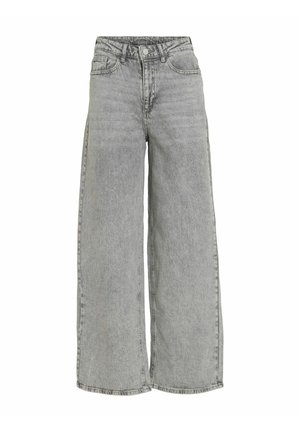 Lichtgrijze denim wijde pijpen jeans met een hoge taille, twee voorzakken en een subtiele vervaagde textuur. Klassieke knoop- en ritssluiting.