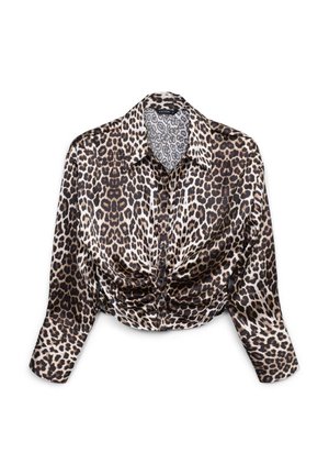 Cropped blouse in tessuto con stampa leopardata, con chiusura frontale a bottoni, colletto e maniche lunghe con dettagli arricciati al centro.