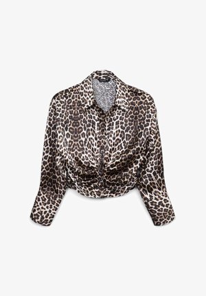 Blickdichte Bluse im Leopardenmuster, mit Knopfleiste, Kragen und langen Ärmeln, die in der Mitte gerafft sind.