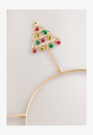 Bentiță metalică aurie cu un design 3D al unui brad de Crăciun, decorată cu clopoței colorați în roșu, verde și galben, plus o stea galbenă în vârf.