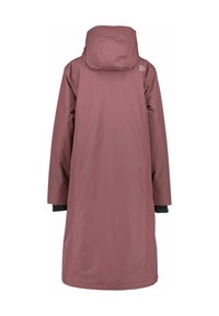 Waterproof long coat in a muted rose color, featuring a hood, long sleeves, and a relaxed fit. Smooth texture, minimalistic design.