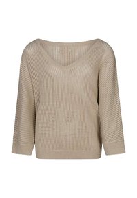Pull en tricot beige avec un col en V, des manches trois-quarts et un motif à mailles ouvertes, présentant une coupe décontractée et des poignets côtelés.