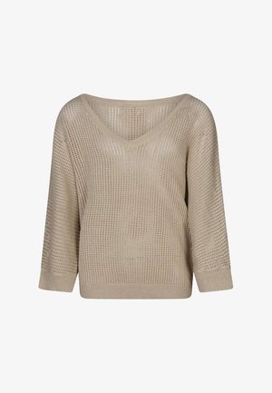 Pull en tricot beige avec un col en V, des manches trois-quarts et un motif à mailles ouvertes, présentant une coupe décontractée et des poignets côtelés.