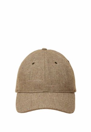 Berretto da baseball marrone con motivo a spina di pesce, pannelli cuciti, occhielli per la ventilazione e visiera curva.