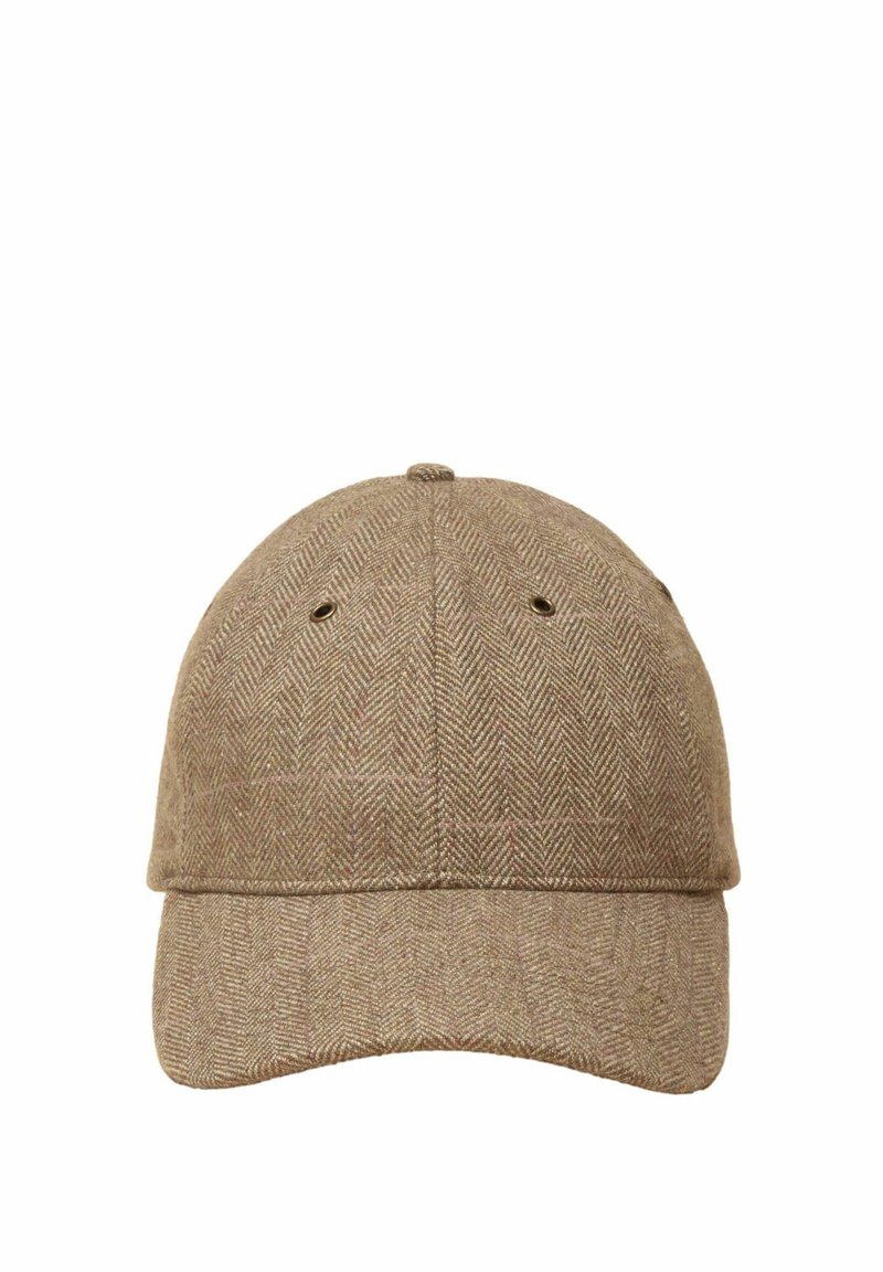 Șapcă de baseball maro cu model în zig-zag, panouri cusute, orificii de ventilație și cozoroc curbat.