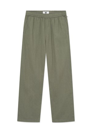 Olive green, wide-leg pants made of a lightweight fabric. Features an elastic waistband and two side pockets, with a smooth texture.