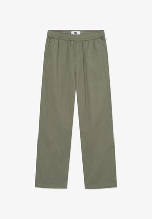 Maslinasto zelene hlače širokih nogavica izrađene od laganog materijala. Imaju elastičnu struk i dva bočna džepa, s glatkom teksturom.