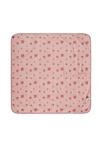 Cotton blanket in soft pink with a floral pattern of small red flowers, edged with a matching pink trim. Textured, plush surface.