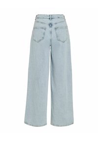 Jeans largi de culoare albastru deschis, cu talie înaltă, având un design simplu, buzunare pe spate și o textură de denim moale.