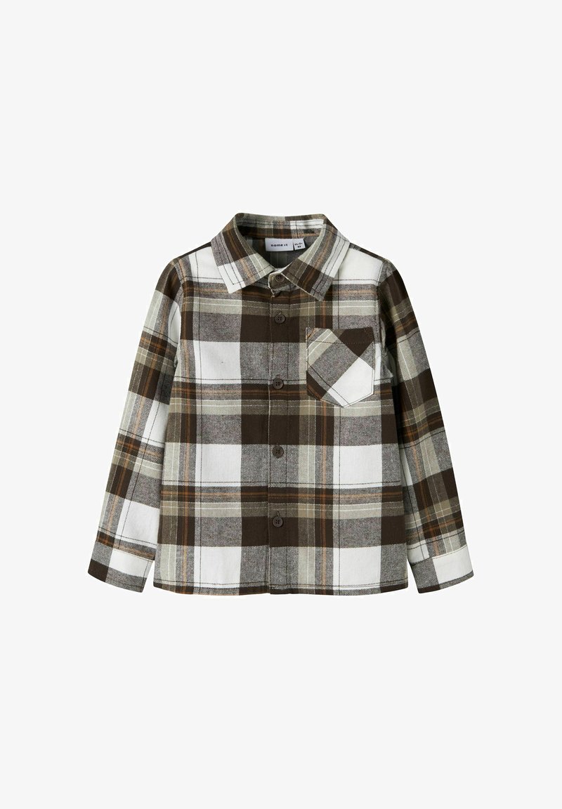 Camisa de cuadros marrón y blanco con mangas largas, cierre de botones en la parte delantera, cuello con puntas y un único bolsillo en el pecho. Hecha de una tela texturizada.