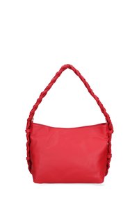 Borsa di pelle rossa con manico intrecciato. Texture liscia, forma rettangolare e un unico scomparto con chiusura a zip.