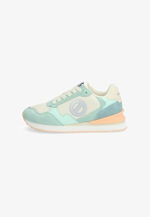Lightweight sneakers with a mint green, mesh upper and suede accents, cream details, and a subtle peach sole. Circular logo on the side.