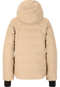 Beige pufferjakke med hætte, der har et glat yderstof, polstret design, elastiske manchetter og ingen synlige lukninger på ryggen.