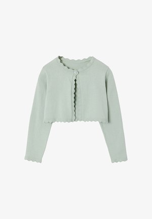 Light green cropped cardigan with long sleeves, scalloped edges on neckline, front opening, cuffs, and hem, and a single button closure.