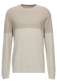 Beiger Pullover mit strukturiertem Strick, der ein horizontales Streifenmuster in einer helleren Nuance aufweist. Klassischer Rundhalsausschnitt und lange Ärmel.