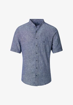 Kurzärmeliges Hemd aus strukturiertem blauen Stoff. Mit Stehkragen, Brusttasche und dunklen Knöpfen.