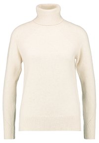 Kremowy, dziergany sweter z golfem, z długimi rękawami, ściągaczami na mankietach, dole i kołnierzu, z raglanowymi szwami na ramionach.