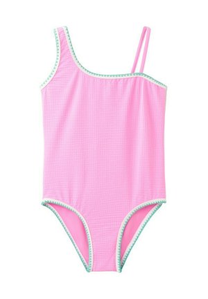 Maillot de bain une pièce rose avec tissu texturé, design asymétrique à une épaule, double bretelle d'un côté et bords garnis de vert.