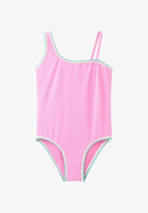 Ružičasti jednodijelni kupaći kostim s teksturiranim materijalom, jednokračni dizajn, dvostruka naramenica s jedne strane i rubovi obrubljeni zelenom bojom.