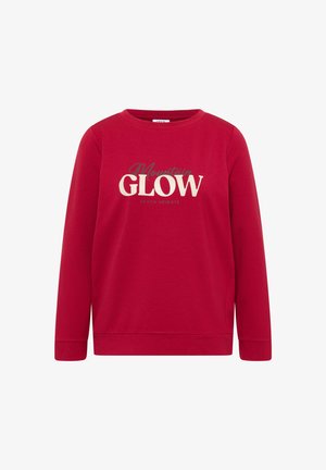 Rode sweatshirt met lange mouwen met de tekst "Mountain GLOW REACH HEIGHTS" in het wit en grijs op de voorkant geprint.