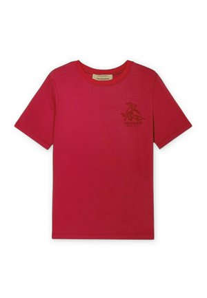 Rød T-shirt med korte ærmer og rund hals, med en lille mørkerød grafik og "Trussardi" logo på venstre bryst.