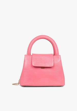 Sac à main rose avec embossage crocodile, au design structuré, poignée arrondie et fermeture à rabat. Comprend une bandoulière en chaîne pour plus de polyvalence.