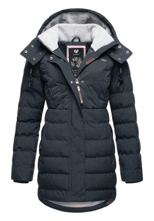 Dark navy puffy coat with a soft fleece-lined hood, front zipper, and snap pockets. Features textured fabric and a fitted waist design.