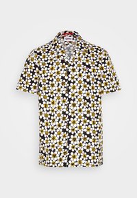Camicia a maniche corte con sfondo nero, fiori bianchi e simboli di pace gialli, accompagnata da testo giallo. Materiale in cotone.
