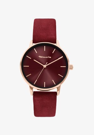 Round watch with a burgundy suede strap and rose gold metal case. Features a dark burgundy dial with minimalistic hour markers and hands.