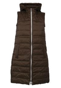 Long brown padded sleeveless coat with hood, front zipper, and two side pockets, designed for cold weather.