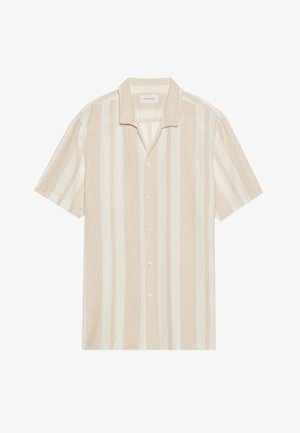 Short-sleeve shirt with a notch collar, featuring vertical beige and cream stripes, made from a soft fabric with button front closure.
