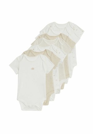 Set aus fünf kurzärmligen Babybodysuits in Weiß und Beige. Zu den Merkmalen gehören einfarbige Farben, gestreifte Muster, kleine Akzente und Druckknopfverschlüsse.