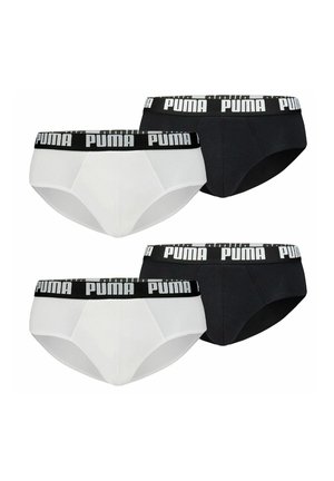 Four pairs of men's briefs in white and black, featuring a logoed black waistband and a smooth cotton fabric design.