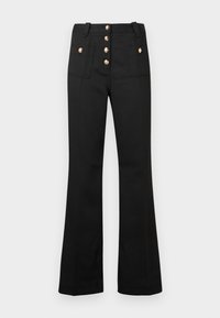 Μαύρο παντελόνι καμπάνα με υφή υφάσματος, κλείσιμο με πέντε χρυσά κουμπιά και δύο μπροστινές τσέπες. Κομψή εφαρμογή με ορατές λεπτομέρειες ραφών.