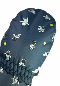 Marinefarbene Fäustlinge mit Astronauten- und Sternmustern, ausgestattet mit einer glatten Stofftextur und elastischen Handgelenken. Ideal für die Verwendung bei kaltem Wetter.
