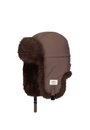 Gorro de aviador de invierno acolchado, de color marrón, con orejeras oscuras de piel sintética y una correa para la barbilla.