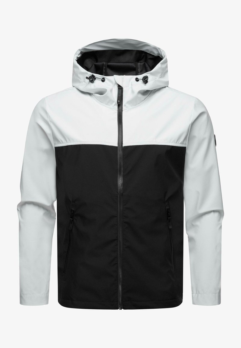 Giacca a vento bianca e nera con zip frontale, cappuccio regolabile e due tasche laterali con zip. Presenta un design a blocchi di colore e una texture liscia.