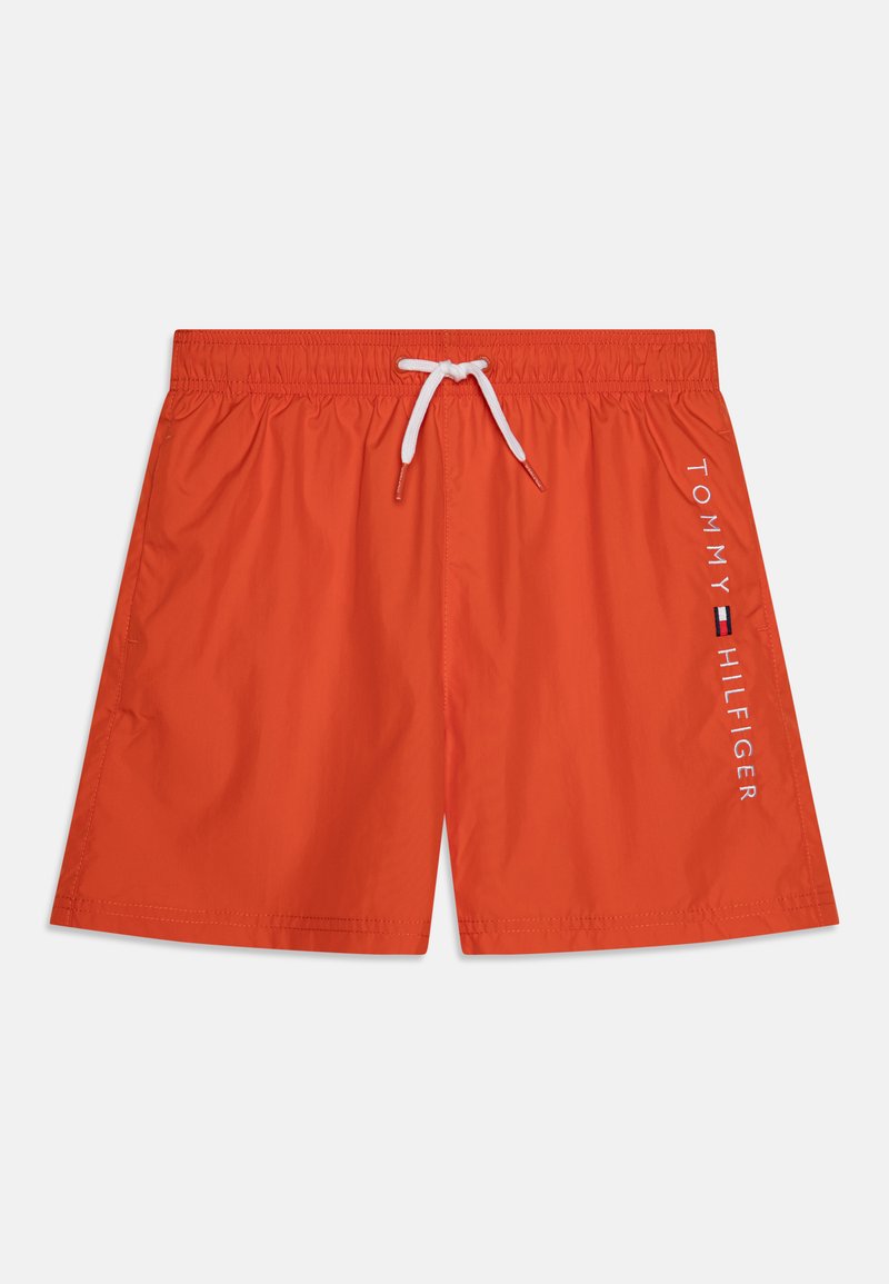 Costumi da bagno da uomo in un vivace arancione, con vita elasticizzata e cordino bianco. Presentano il marchio "TOMMY HILFIGER" in bianco di lato.