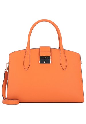 Pomarańczowa skórzana torebka z dwoma uchwytami, odpinanym paskiem oraz srebrnym zamkiem z logo "kate spade new york".