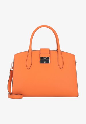 Orange Lederhandtasche mit zwei Griffen, einem abnehmbaren Riemen und einem silbernen Schloss mit "kate spade new york"-Logo.