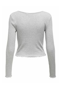 Maglietta grigia a maniche lunghe con scollatura rotonda, design cropped e dettagli a frangia lungo le maniche e il bordo inferiore. Realizzata in tessuto testurizzato.