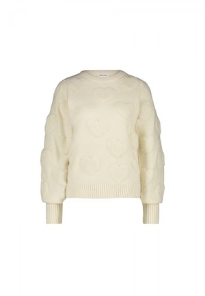 Cream sweater featuring textured heart patterns, round neckline, ribbed cuffs, and hem. Soft material with a cozy appearance.