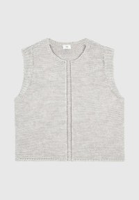 Gilet sans manches en gris clair. Présente un col rond, une fermeture à l'avant et un motif texturé. Design simple et coupe droite.