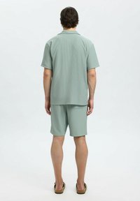 Camicetta verde chiaro a maniche corte e pantaloni corti abbinati in tessuto testurizzato. La vista posteriore mostra un colletto piatto e tasche laterali sui pantaloni.