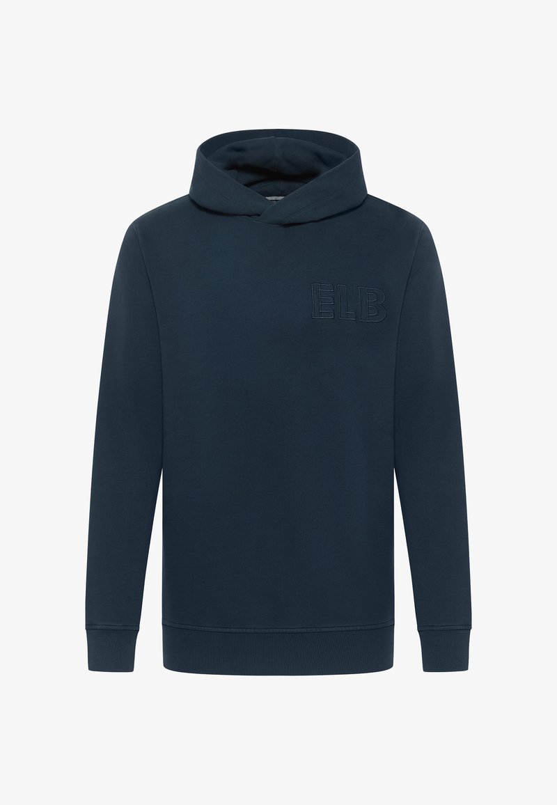 Sötétkék kapucnis pulóver puha anyagból, kenguruzsebbel, bordás mandzsettákkal, és a mellkason a "ELB" felirattal.